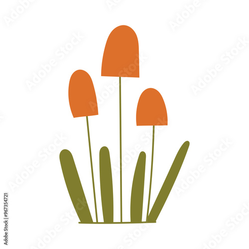 Hand draw minimalistic autumn mushrooms with leaves isolated on a white background.Single vector illustration in doodle flat style. Clipart cozy illustrations for print, wrapping, packaging.