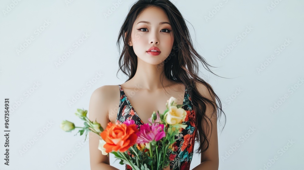 Asian woman in a patterned camisole, holding a bouquet of flowers, pure white background, romantic and cheerful feel