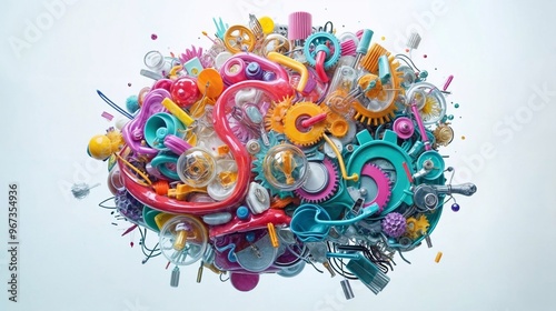 A vibrant composition of mechanical and plastic parts, chaotically assembled in the shape of a brain. It symbolizes creative thinking, innovation, and mechanical evolution in art and technology