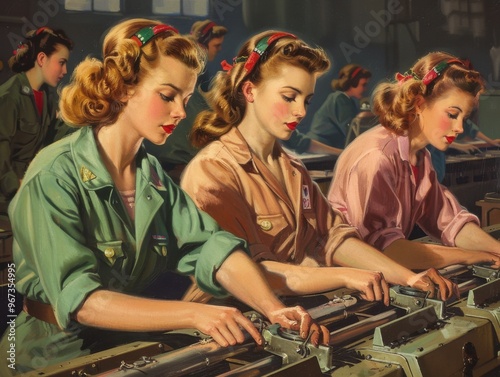 Illustration of women in World War II working in a factory assembling aircraft, wearing period factory uniforms, highlighting their vital role in the war effort and shifting workforce dynamics.

