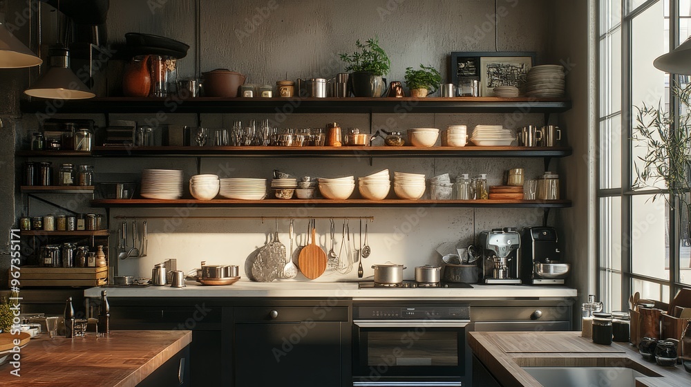 Imagine a kitchen with a large, open shelving system displaying beautiful dishes, cookbooks, and decorative items Imagine a kitchen with a large, open shelving system displaying beautiful dishes, cookbooks, and decorative items