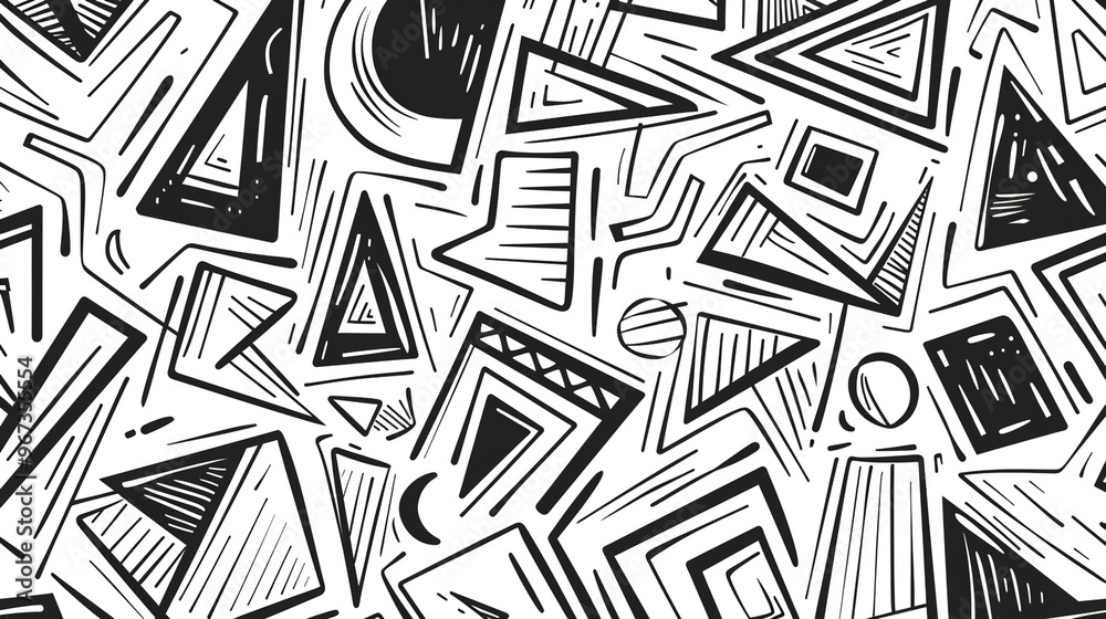 A hand drawn artwork composed of geometric shapes with a white background and black lines A hand drawn artwork composed of geometric shapes with a white background and black lines