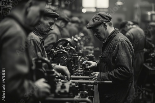 Wallpaper Mural Black and white illustration of workers in flat caps and overalls assembling machinery in a gritty factory, capturing the labor-intensive tasks and harsh environment of the Industrial Revolution.

 Torontodigital.ca