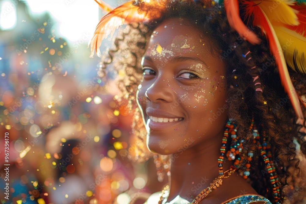 Double exposure of a young woman in colorful festival attire with beads and feathers, overlaid by a lively street parade in Salvador with vibrant floats, dancing crowds, and confetti under the hot sun Double exposure of a young woman in colorful festival attire with beads and feathers, overlaid by a lively street parade in Salvador with vibrant floats, dancing crowds, and confetti under the hot sun