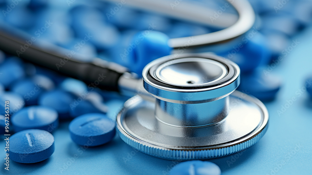 Stethoscope placed on a surface surrounded by blue pills in a medical setting Stethoscope placed on a surface surrounded by blue pills in a medical setting