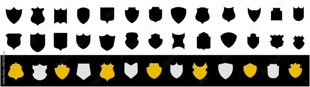 Shield icon. Heraldic shield set. Black and gold colour signs. Protect shapes silhouette. Vector illustration Shield icon. Heraldic shield set. Black and gold colour signs. Protect shapes silhouette. Vector illustration