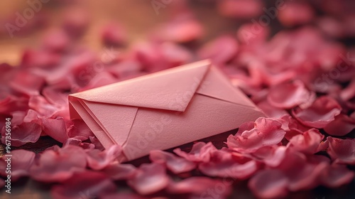 romantic still life with a pink envelope surrounded by scattered pink flower petals soft focus and dreamy lighting create a delicate loveinspired composition photo