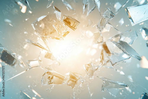 Flying shattered glass pieces with sunlight, symbolizing destruction, fragility, chaos, breakage, and dramatic impact. Copy space photo