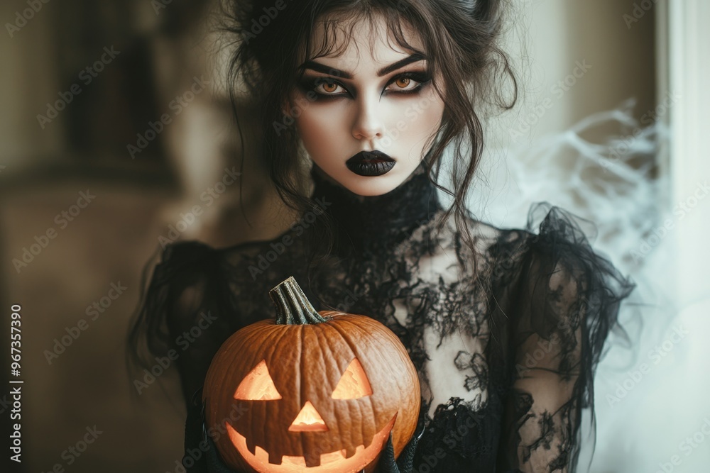 Goth inspired female, girl, woman, holding a carved pumpkin, fashion and make-up shoot Portrait. Gothic, Goth, Victorian, Dark style fashion. Dark smokey make-up, red lipstick. Dramatic. Elegant.
Goth inspired female, girl, woman, holding a carved pumpkin, fashion and make-up shoot Portrait. Gothic, Goth, Victorian, Dark style fashion. Dark smokey make-up, red lipstick. Dramatic. Elegant.