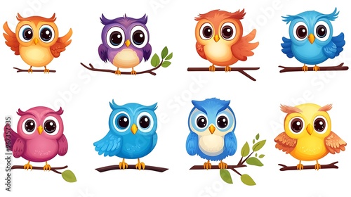 Wallpaper Mural A colorful collection of cartoon owls in various poses, great for whimsical and nighttime-themed design projects.  Torontodigital.ca