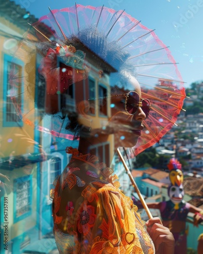 A double exposure of a young frevo dancer in traditional attire, holding a small umbrella, overlaid by the vibrant streets of Olinda during Carnival, with colonial houses, giant puppets, and dancers.
