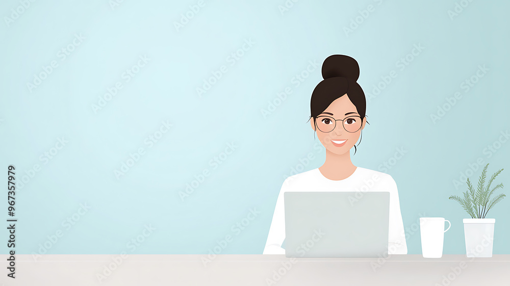 Minimalist illustration of a woman working on a computer at a desk. Minimalist illustration of a woman working on a computer at a desk.
