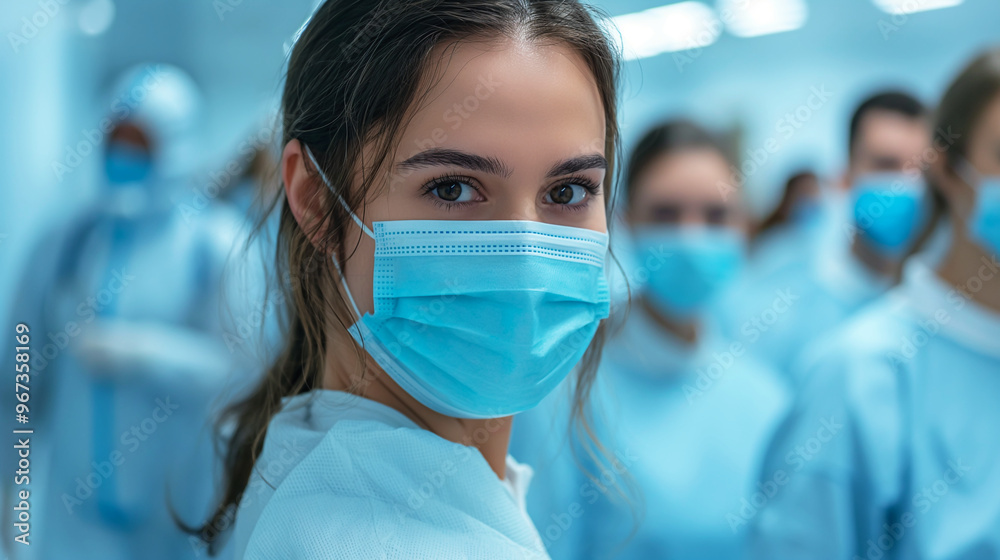 Female healthcare worker wearing surgical mask in hospital environment Female healthcare worker wearing surgical mask in hospital environment