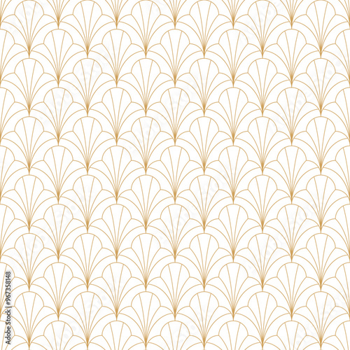 Art Deco seamless pattern with gold fan shapes and multiple lines, vector illustration background.