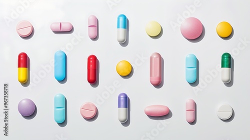 Set of Colorful Medical Pills and Capsules Various Types Isolated on White Background