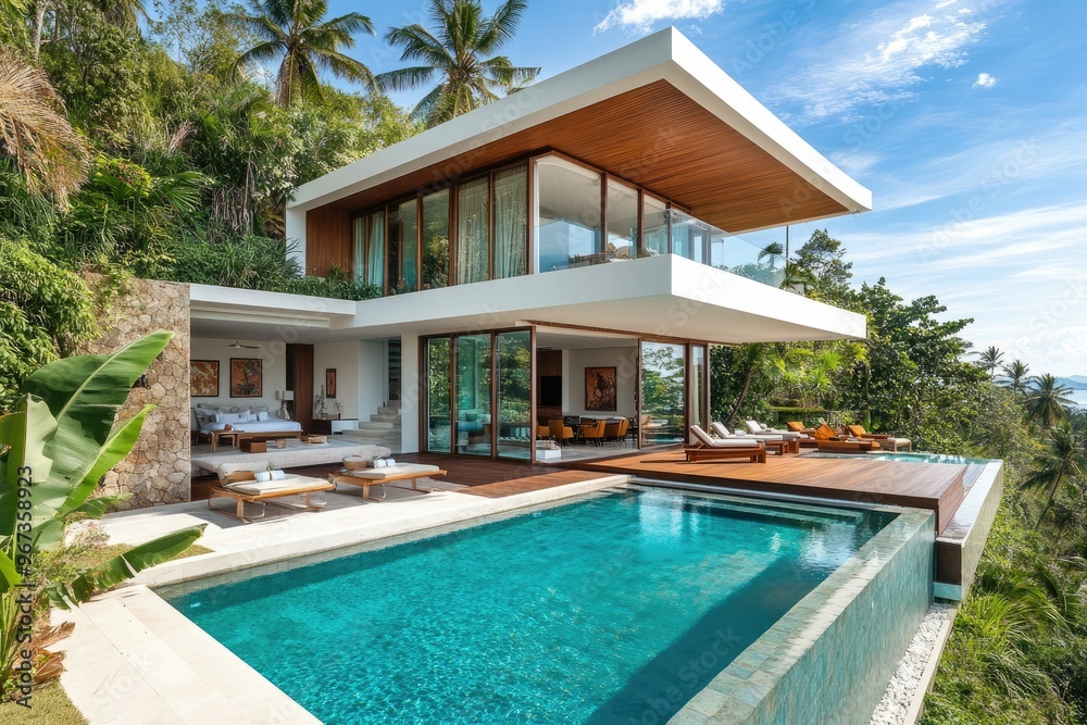 Fototapeta premium Modern villa with pool surrounded by lush tropical landscape.