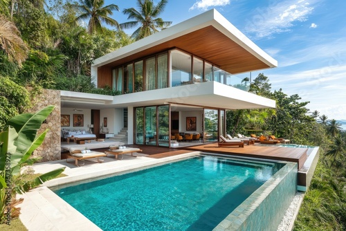 Modern villa with pool surrounded by lush tropical landscape.