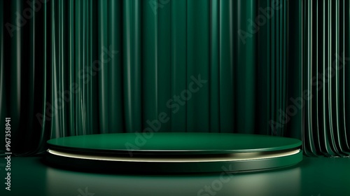 The Empty Podium Awaits: Emerald Green Curtains and a Vibrant Green Platform Provide the Perfect Background for Your Product Showcase Display