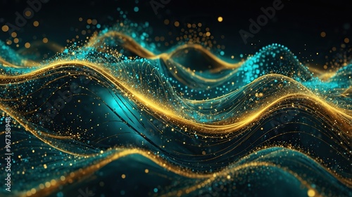 Blue and Gold Digital Particles of waves, light and energy,  mixed color abstract. Ideal for desktop background or wallpaper.