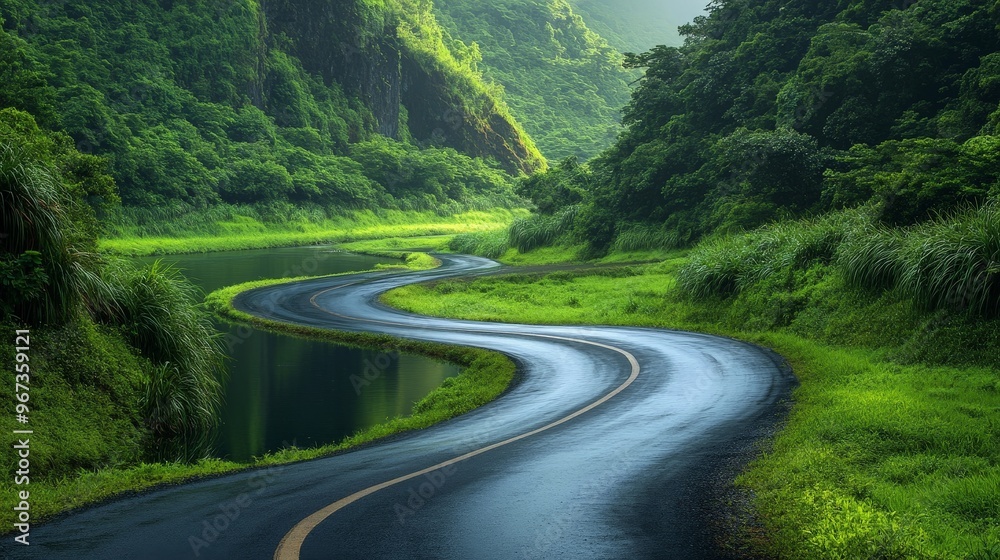 Imagine a scenic road that follows a river's meandering path, with the water reflecting the lush greenery of the surrounding landscape. Imagine a scenic road that follows a river's meandering path, with the water reflecting the lush greenery of the surrounding landscape.