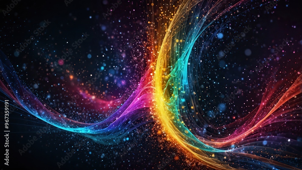 Obraz premium Digital particles of wave, light and energy, multi colored abstract. Ideal for desktop background or wallpaper.