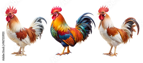 Rooster, three colourful roosters standing on a transparent background