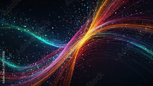 Digital particles of wave, light and energy, multi colored abstract. Ideal for desktop background or wallpaper.