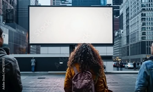 Group of people looking at blank billboard in the city