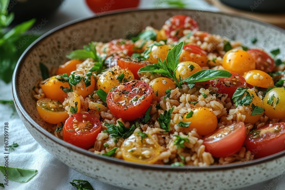rustic farro salad with colorful cherry tomatoes fresh herbs white linen tablecloth natural light appetizing closeup