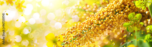 A close-up image of golden mustard seeds in a vibrant, warm setting, light bokeh in background