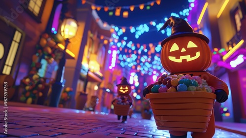 Virtual Halloween Fun - Avatars in Costumes Collecting Digital Candy in Lit VR Street photo