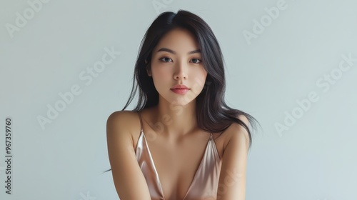 Asian woman in a satin camisole, sitting at a desk, pure white background, elegant yet casual workfromhome vibe