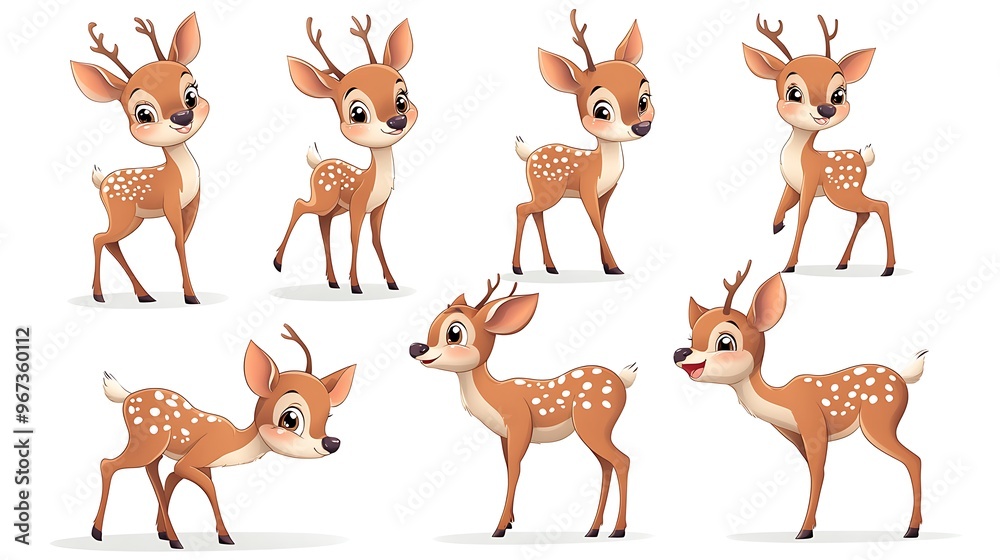 Obraz premium A delightful array of cartoon deers in playful jumping and grazing poses, perfect for woodland-themed projects. 
