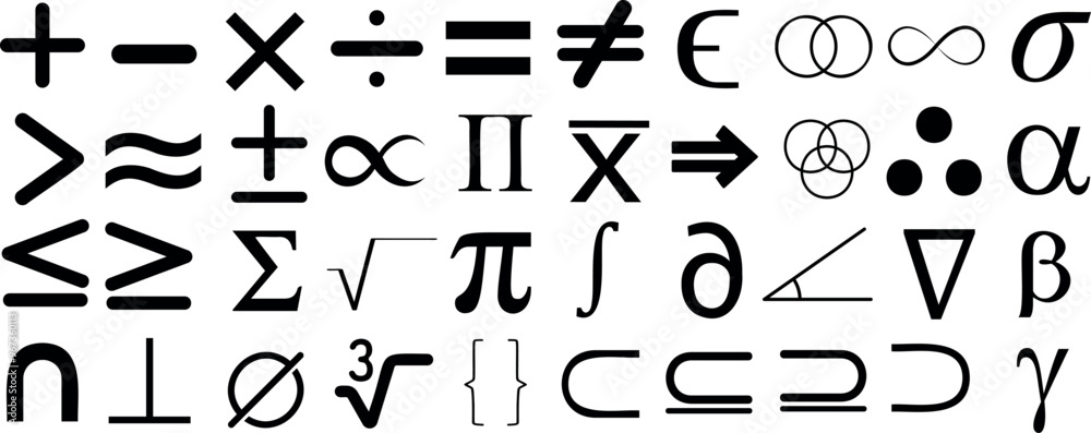 Math symbol set, Mathematical symbols vector including plus, minus, multiplication, division, equal, infinity, pi, sigma, integral, and delta for educational content, math resource