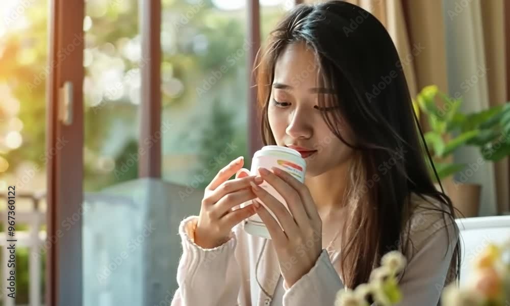 Woman Taking Pills with a Window in the Background Woman Taking Pills with a Window in the Background