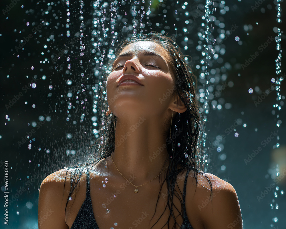 Obraz premium Piękna, młoda kobieta stojąca z zamkniętymi oczami pod wodospadem.