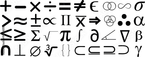 Math symbol set, Mathematical symbols vector including plus, minus, multiplication, division, equal, infinity, pi, sigma, integral, and delta for educational content, math resource