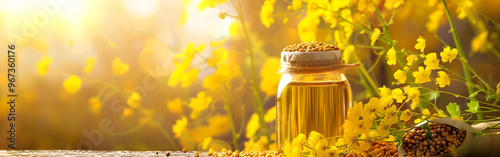 Olive oil with spices and herbs yellow flowers with light blurred in background
