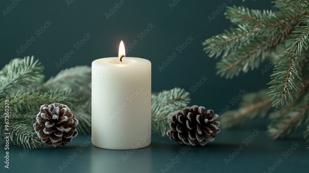 A Lit Candle with Pine Branches and Pinecones on a Teal Surface A Lit Candle with Pine Branches and Pinecones on a Teal Surface