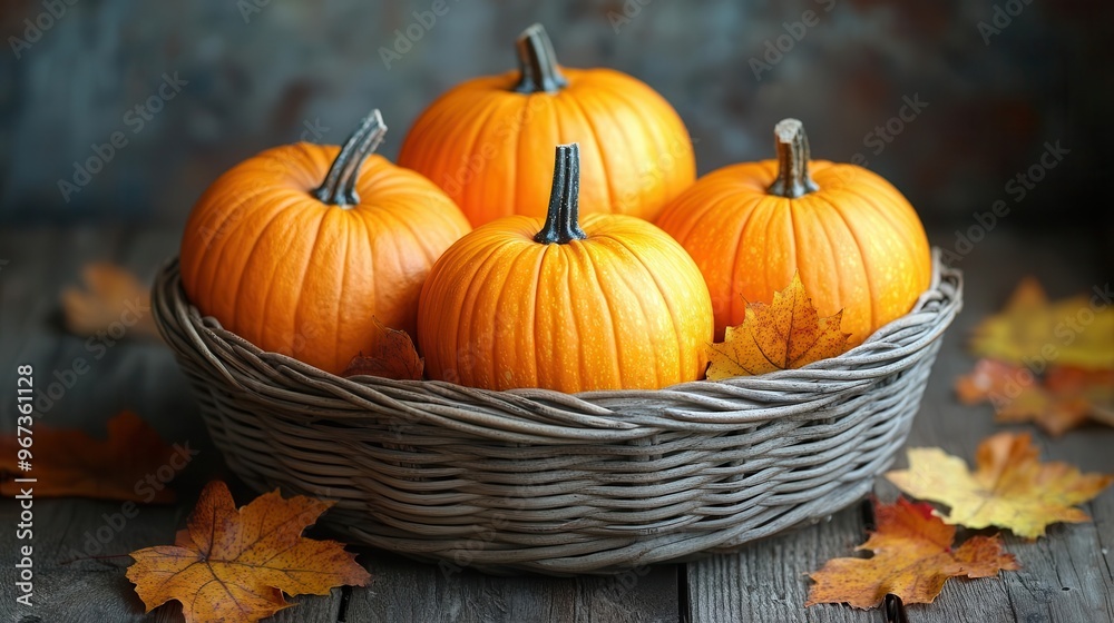 rustic wooden basket overflowing with vibrant pumpkins and autumn leaves placed on weathered wooden surface creating a cozy thanksgiving and halloween atmosphere rustic wooden basket overflowing with vibrant pumpkins and autumn leaves placed on weathered wooden surface creating a cozy thanksgiving and halloween atmosphere