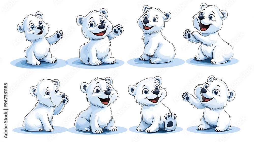 A delightful set of cartoon polar bears in various poses, perfect for winter and arctic-themed design projects. A delightful set of cartoon polar bears in various poses, perfect for winter and arctic-themed design projects.
