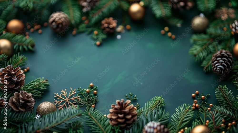 Green Christmas background with fir branches and decorations. with copy space Green Christmas background with fir branches and decorations. with copy space