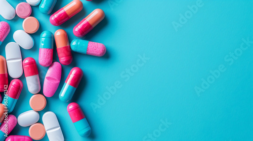 Assorted colorful pills and tablets scattered on a bright blue background. Medical banner with empty copy space. Border, frame