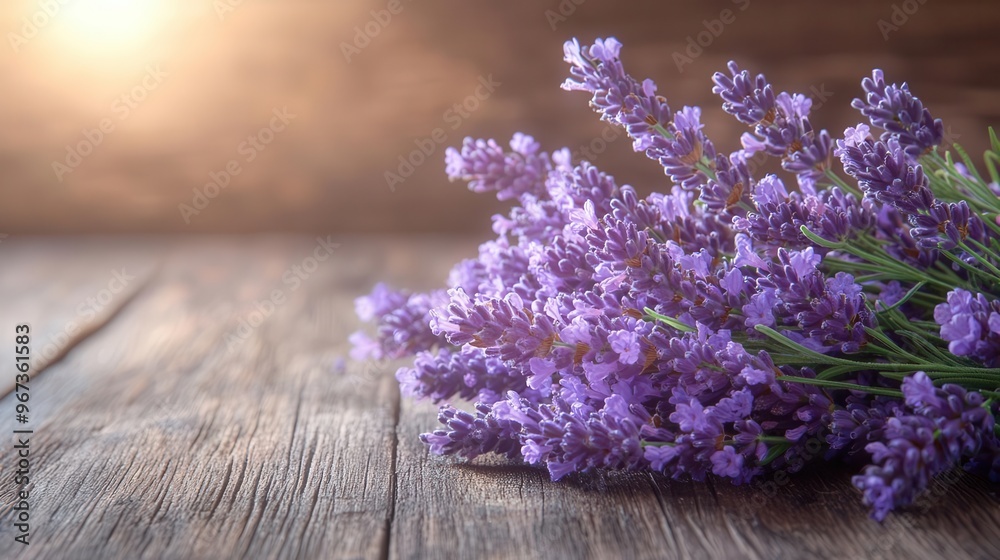 rustic wooden table adorned with fresh lavender sprigs soft natural light emphasizing texture and creating a serene aromatic scene rustic wooden table adorned with fresh lavender sprigs soft natural light emphasizing texture and creating a serene aromatic scene