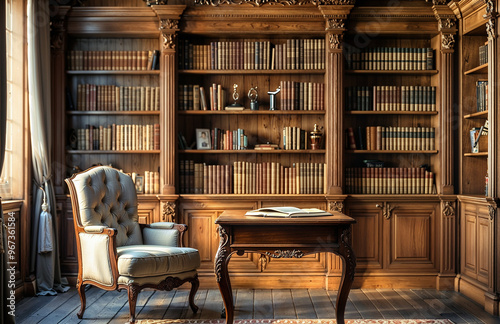 Luxury interior of an old library with bookshelves, armchair and a bookcase.