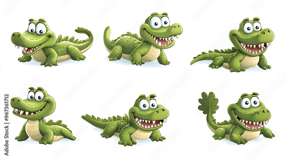 Naklejka premium A fun array of cartoon crocodiles in playful swimming and lounging poses, ideal for swamp and wildlife-themed illustrations. 