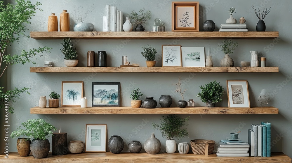 Modern shelves displaying plants, art, and decorative items. Modern shelves displaying plants, art, and decorative items.