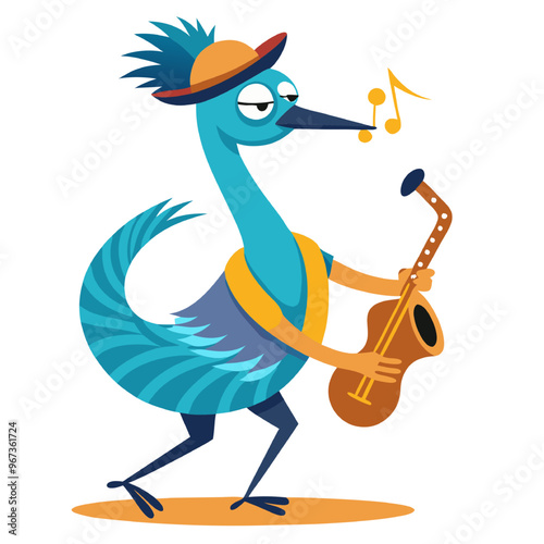 Cool Bird Saxophonist: A whimsical blue bird grooves to the beat, playing a lively tune on his saxophone. Vector illustration, perfect for music-themed designs.