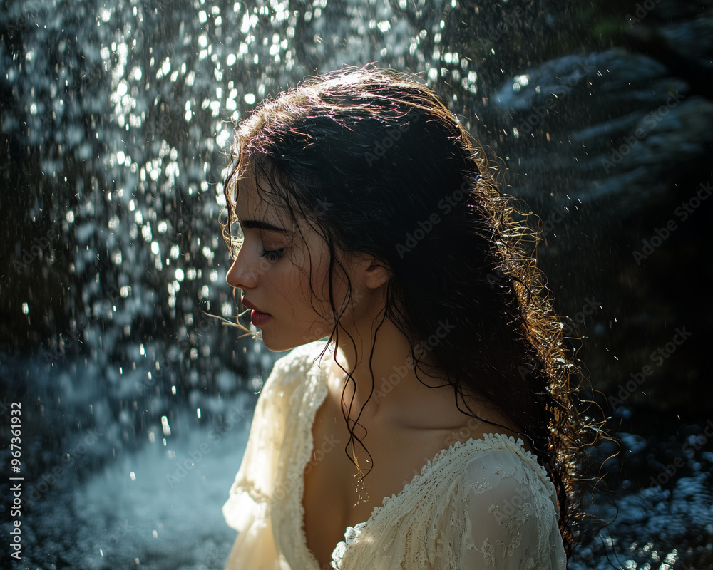 Naklejka premium Piękna, młoda, ciemnowłosa kobieta siedząca pod wodospadem.