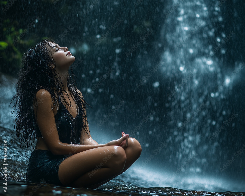 Naklejka premium Piękna, młoda, ciemnowłosa kobieta siedząca pod wodospadem.
